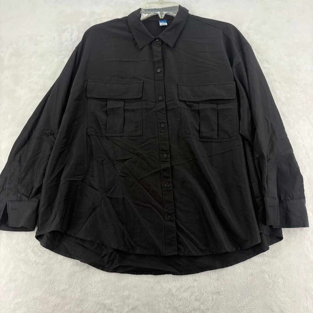 Old Navy Button Down Womens XL Petite Shirt Black Utility Roll Tab Sleeve Pocket